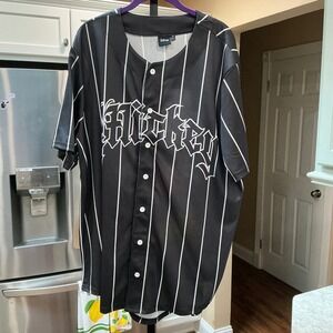Disney Baseball Jersey Mickey Mouse 1X Black Pinstripe Gothic Script Button Up